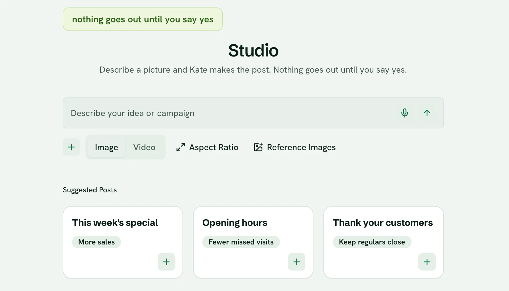 Studio: a box to describe your idea, and suggested posts such as this week's special, opening hours and thank your customers.